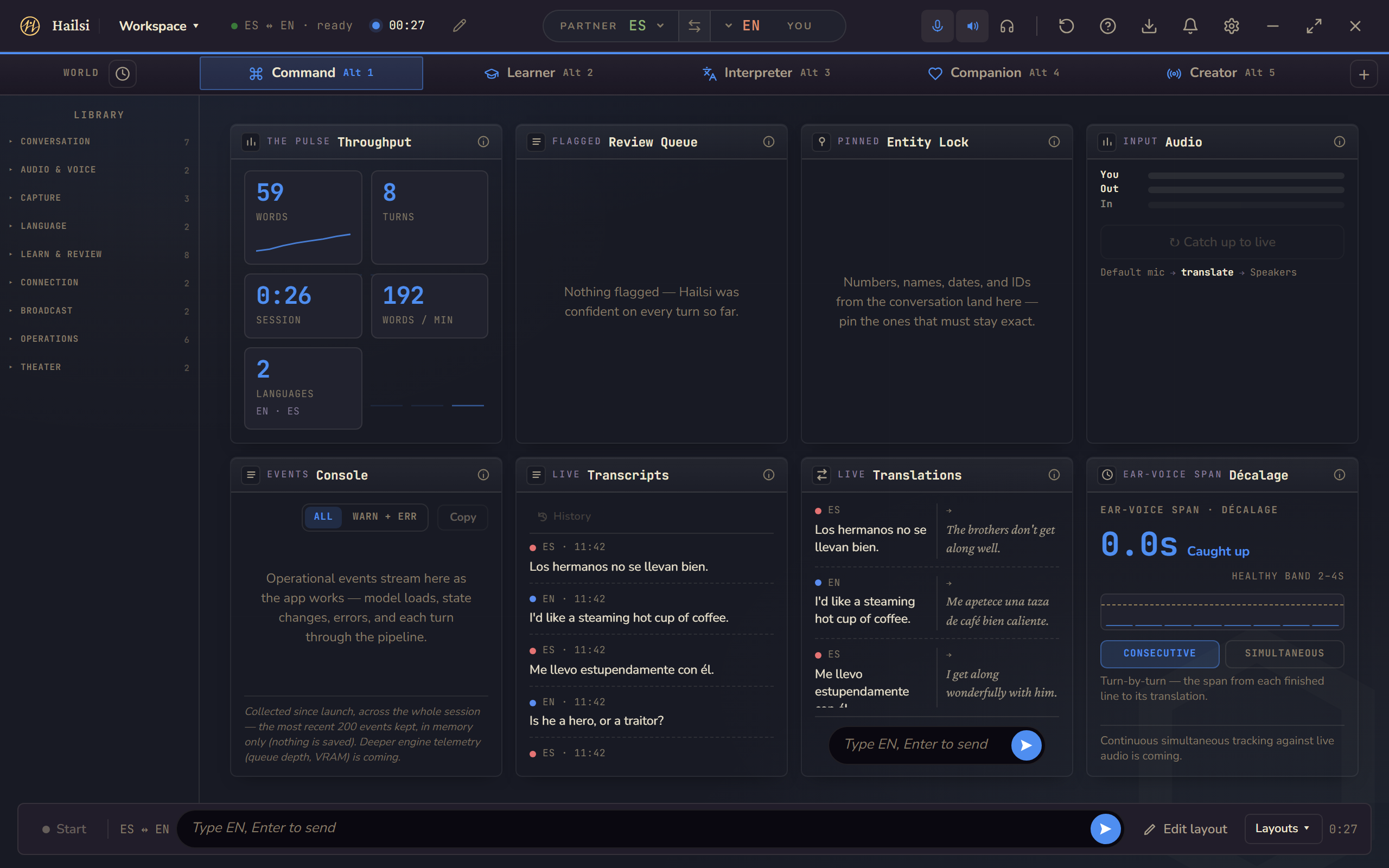Hailsi's Workspace in the Command world: eight instrument panels showing throughput (59 words, 8 turns, 192 words per minute), a review queue, entity lock, audio levels, an event console, live Spanish transcripts, live translations, and an ear-voice span reading 0.0 seconds.