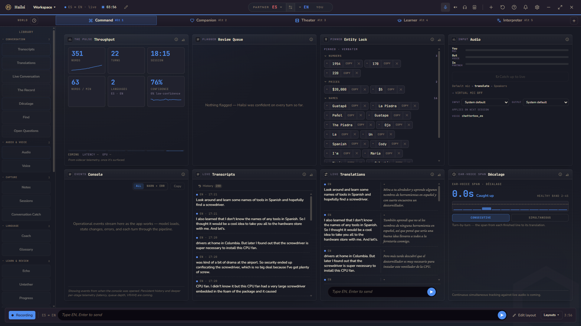 Hailsi — the Workspace in the Command world: throughput and confidence counters, a review queue, Entity Lock chips holding numbers, prices and names, live transcripts, and the ear-voice span meter, all mid-conversation between English and Spanish.