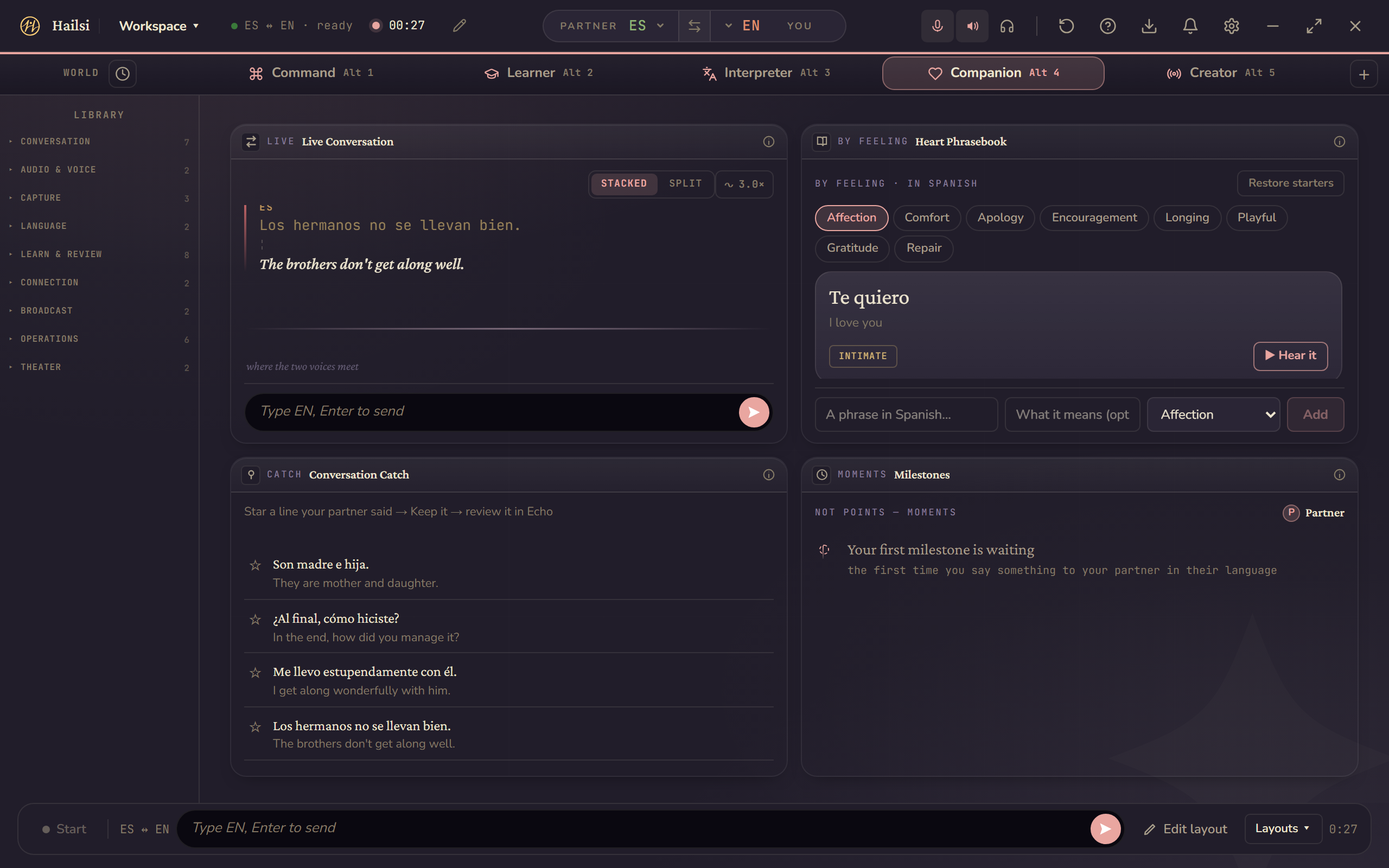 Hailsi's Workspace in the Companion world: a live conversation panel, a Heart Phrasebook grouped by feeling showing the Spanish phrase for I love you, a Conversation Catch list of starred lines, and a milestones panel.